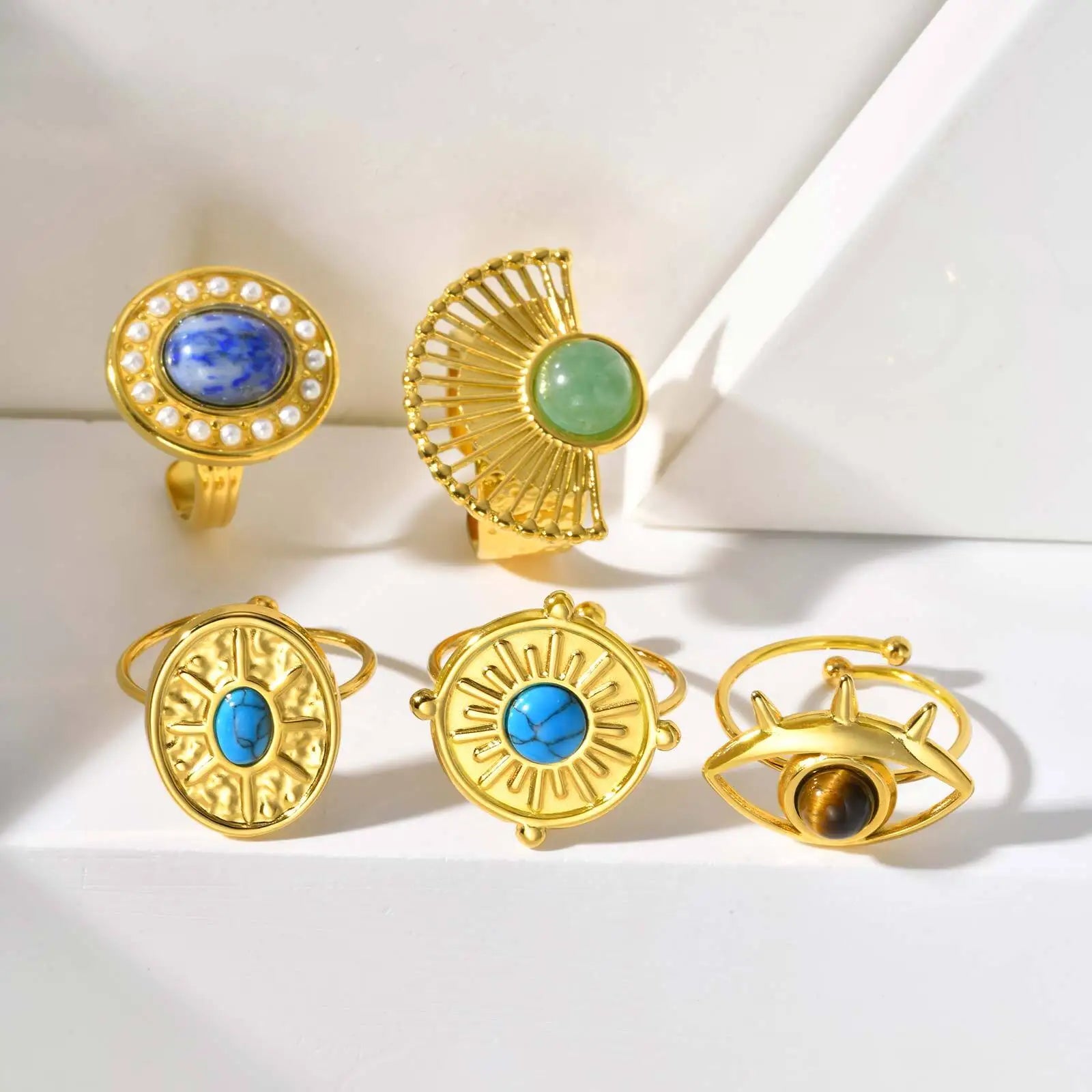 Vnox Brown Stone Eye-shaped Stainless Steel Rings Irregular Opening Trendy Rings For Women Stone Finger Jewelry Never Lose
