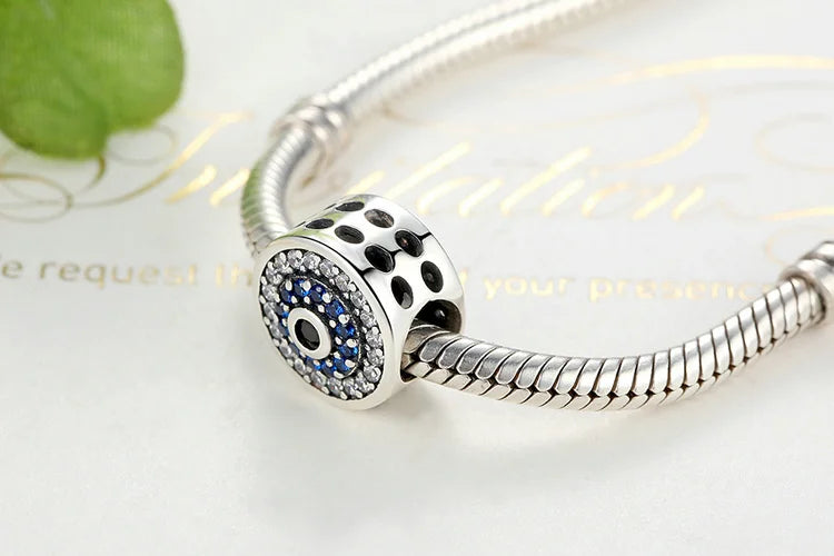 925 Sterling Silver Blue Crystal Eye Charm For Bracelets & Bangles