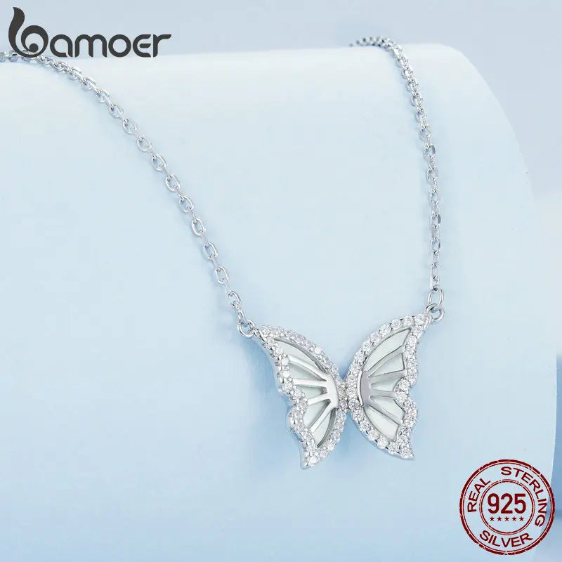 Sterling Silver Butterfly Pendant Necklace for Women Birthday Christmas Gift Pave Setting CZ Fine Jewelry BSN293 - Madeinsea©