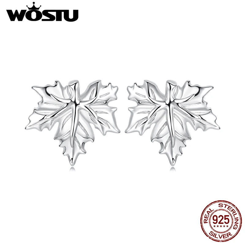 WOSTU 925 Sterling Silver Maple Leaves Stud Earrings For Women , s925 Silver Flower Leaf Studs Thanksgiving Holiday Jewelry Gift
