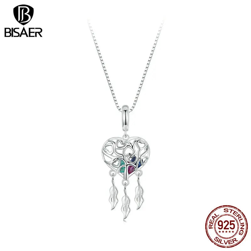 Collier pendentif attrape-rêves arbre de vie en argent sterling 925 BISAER chaîne en forme de cœur plaqué or blanc pour femme bijoux fins