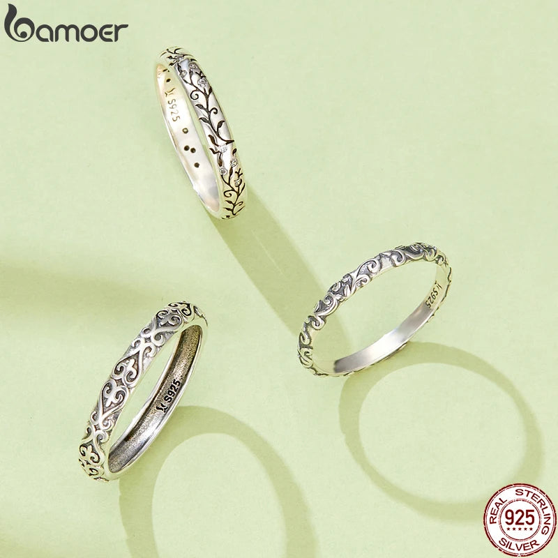 BAMOER Vintage 925 Sterling Silver Embossed Vintage Pattern Ring for Women Simple Silver Ring Fine Jewelry Luxury Brand Gift