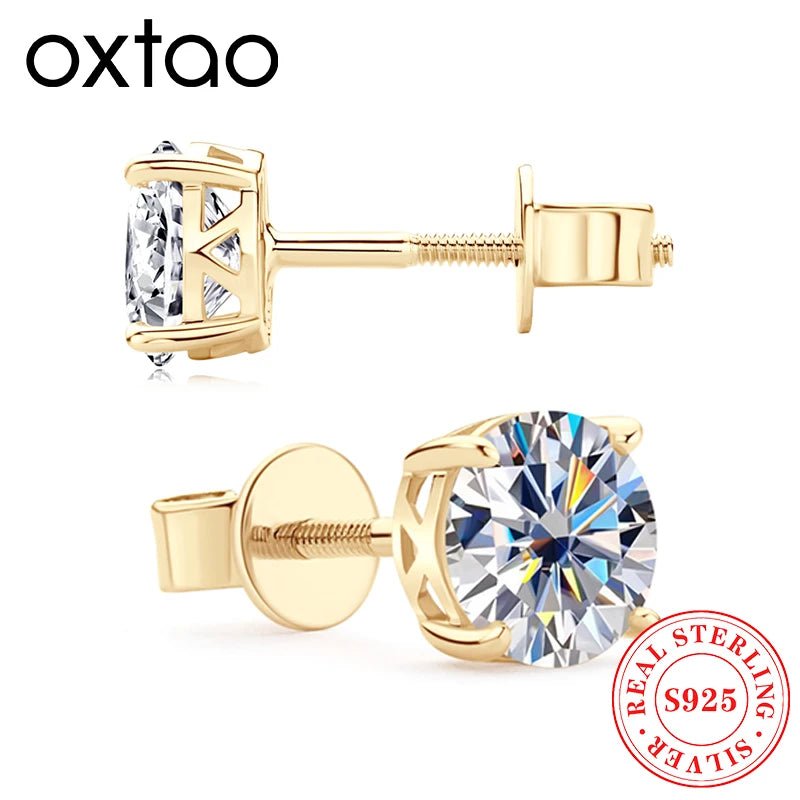 OXTAO D Color 6mm Moissanite Stud Earring 10K Yellow Gold Classic Simple Four Claw Earrings Female Anniversary Jewelry Gift