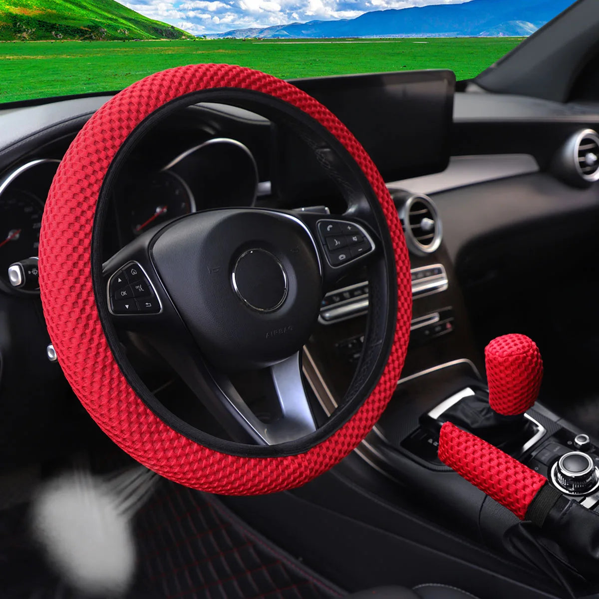 3-piece Massage Mesh Cloth Breathable Car without Inner Ring Steering Wheel Cover Handbrake Cover Handle Cover 14.5-15INCH - Madeinsea©