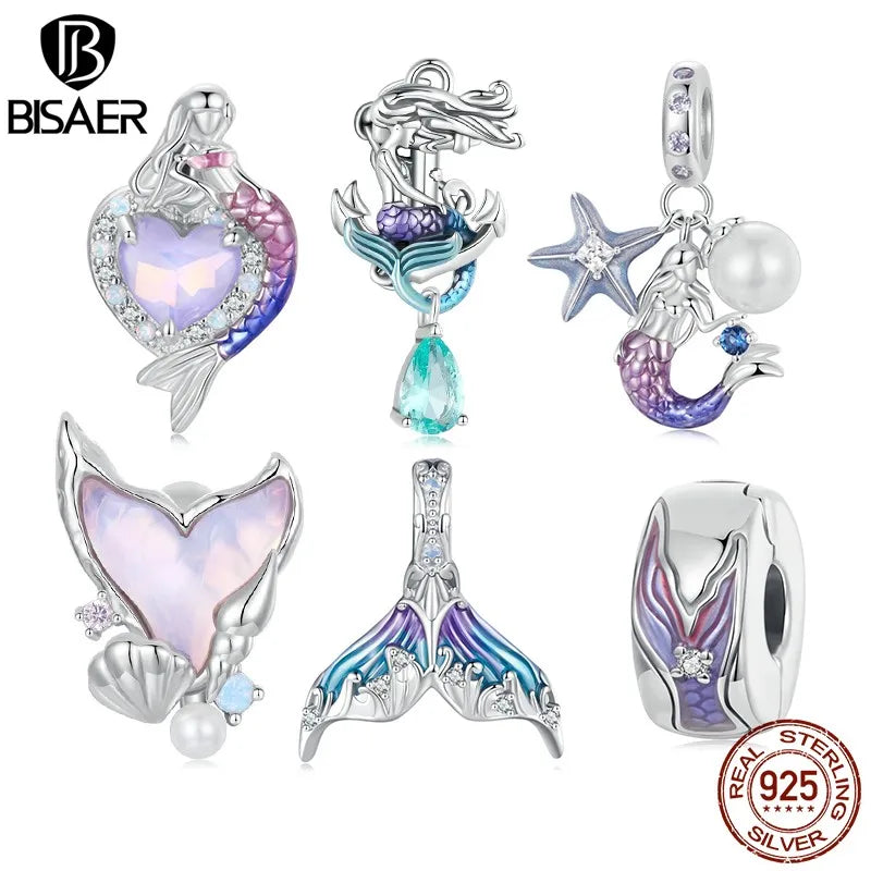 BISAER 925 Sterling Silver Ocean Dreamy Mermaid Charm Bead Rainbow Fishtail Crystal Pendant Fit Women DIY Bracelet Fine Jewelry