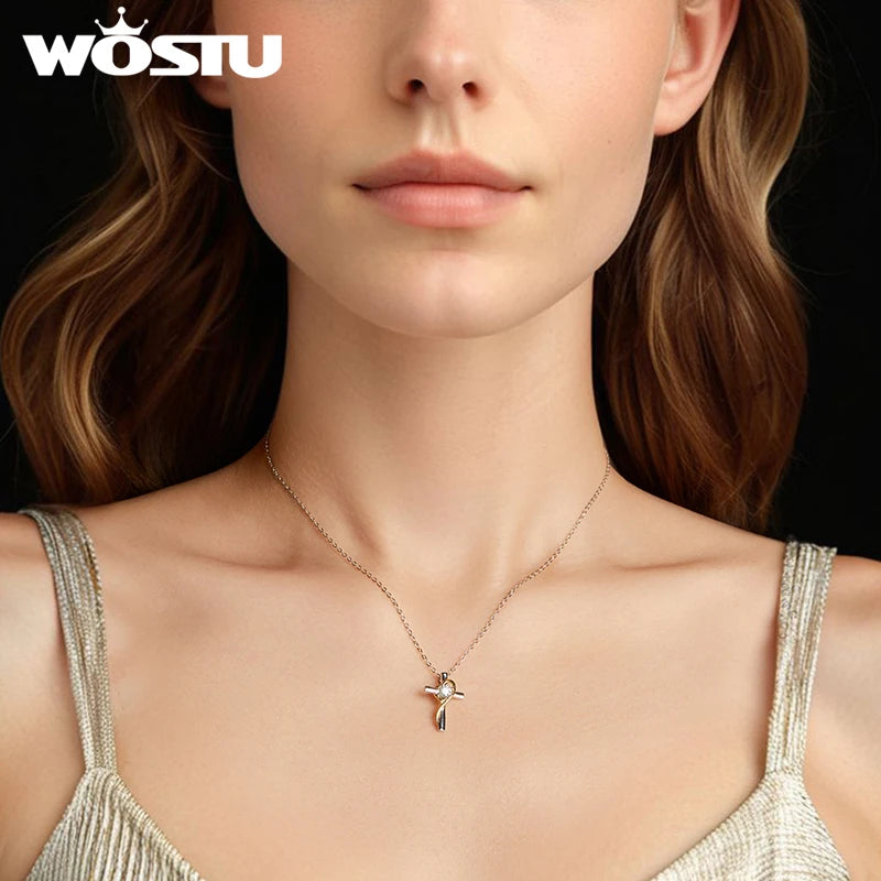 WOSTU Moissanite Cross Pendant Heart Necklace For Women 925 Silver 18K Gold Diamond Cut moissanite Wedding Jewelry Party Gift