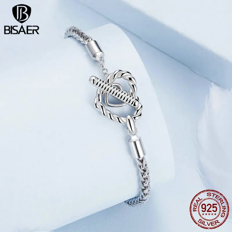 Bracelet de base en forme de cœur en argent sterling 925 BISAER chaîne serpent plaqué platine pour amoureux perle et breloque bricolage bijoux fins cadeau