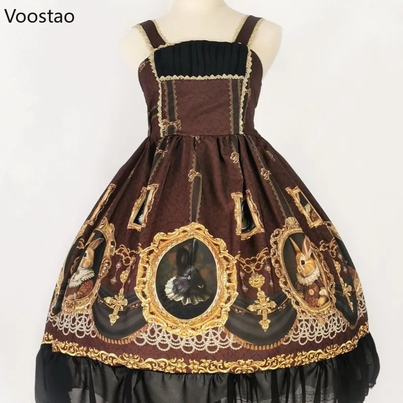 Vintage Gothic Lolita Jsk Dress Women Sweet Cute Rabbit Print Sleevele