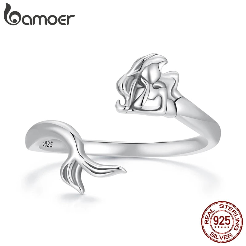 BAMOER Verstellbarer Ring, 925 Sterling Silber Märchen Kleine Meerjungfrau Offene Wickelringe für Damen Mode Party Schmuck SCR1096-E