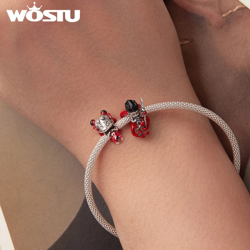 WOSTU 925 Sterling Silver Nezha Charm Little Sun Wukong Beads Red Heart Sword Charm for Woman Fit Bracelet Fine Jewelry DIY
