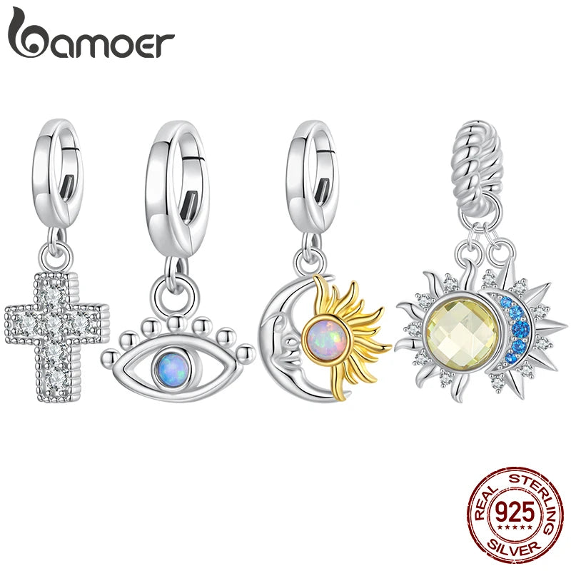 BAMOER 925 Sterling Silber Sonnen- und Mond-Medaillon-Anhänger mit Regenbogenopal-Dämonenaugenperlen, Original für Damen, DIY-Schutzhalskette