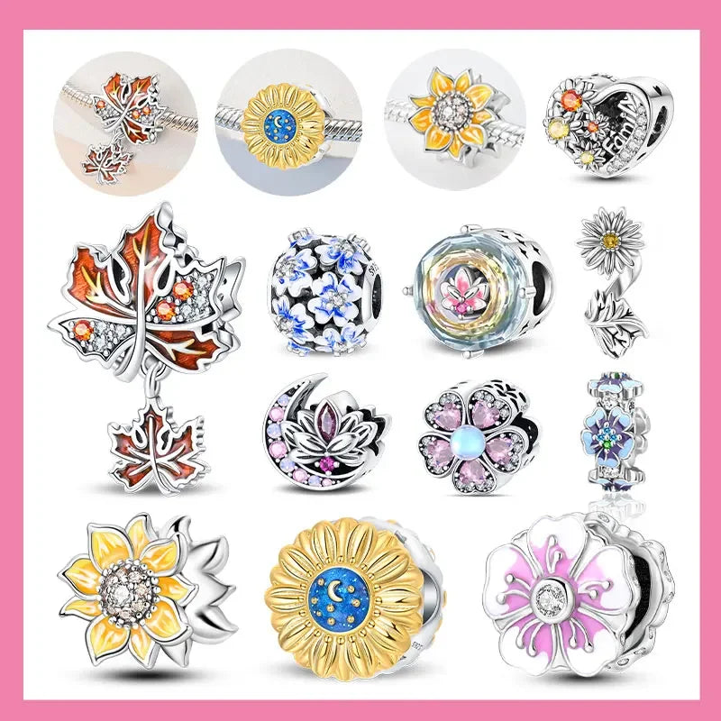 S925 Sterling Silver Flower with Various Shapes Sparkling Zircon Sunflower Charms Beads Fit Original Bracelets DIY Jewelry