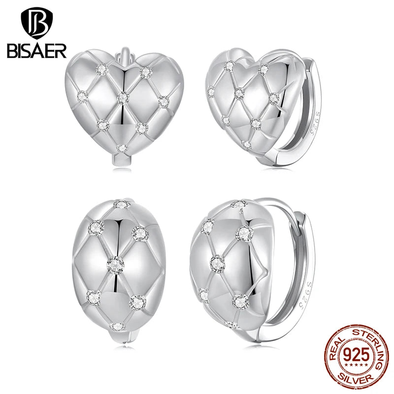 Boucles d'oreilles créoles matelassées en argent sterling 925 BISAER en forme de cœur plaqué or blanc pour femmes romantiques, bijoux fins
