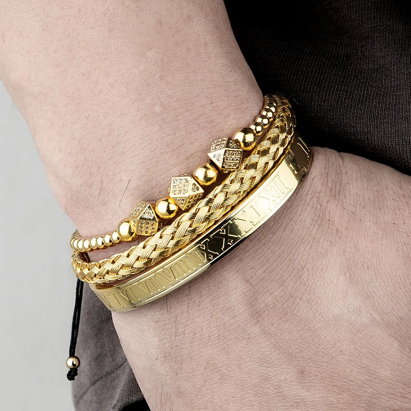 MKENDN Classical Handmade Braiding Bracelet Gold Color Hip Hop Men Pave CZ Zircon Geometry Roman Numeral Luxury Jewelry