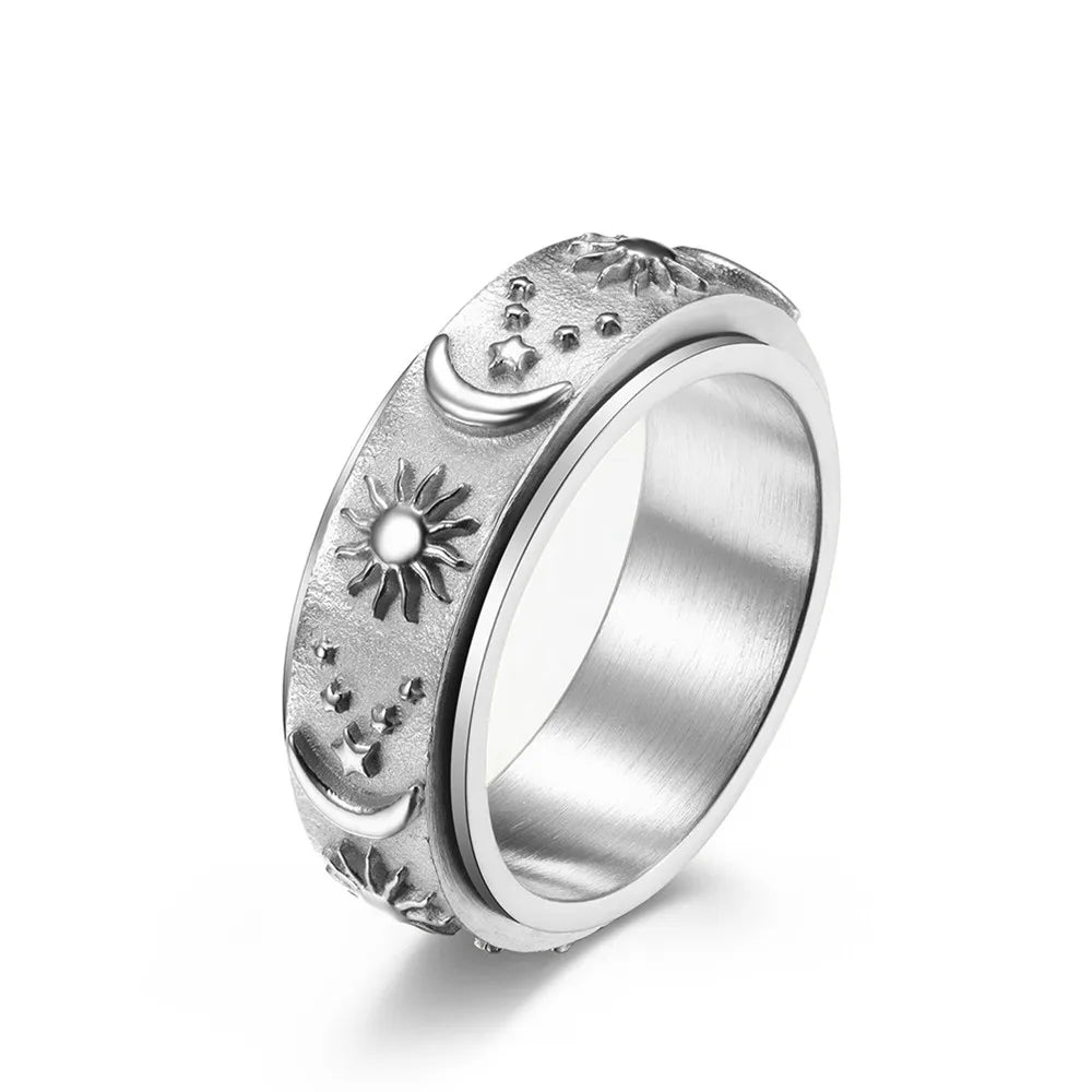 MKENDN High Quality Stainless Steel Embossed Star moon sun Rotatable Ring For Men Women Fashion Finger Jewelry Gifts