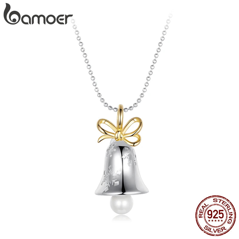 BAMOER White Gold Plated Snowflake Bell Necklace, High Quality 925 Sterling Silver Necklace for Women Unique Design Xmas Gift