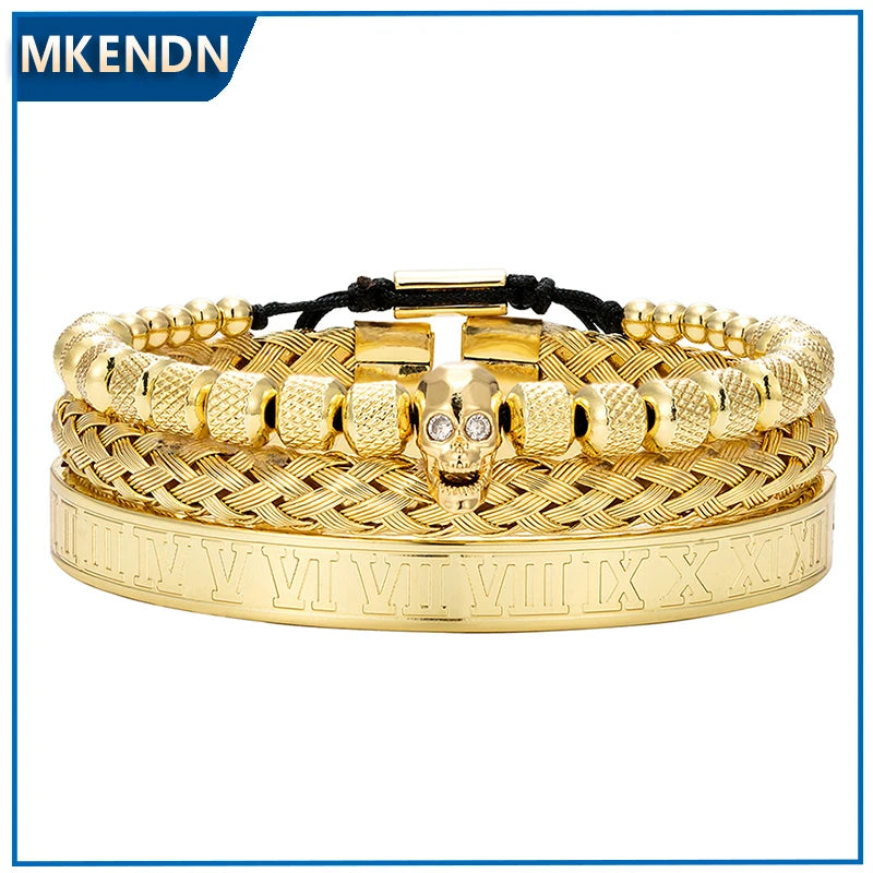 MKENDN Luxury 3pcs/Set Skull Charm Black Bracelet Stainless Steel Men Roman Number Bangles Europe Fashion Couple Jewelry