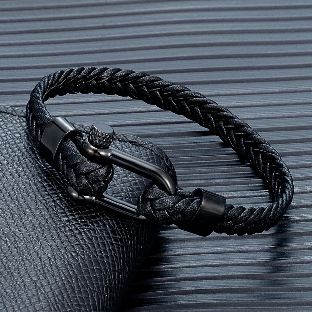 MKENDN Minimalist Nautical Style Braided Leather Bracelet Stainless Steel U-Shape Shackle Buckle Survival Jewelry For Men Women