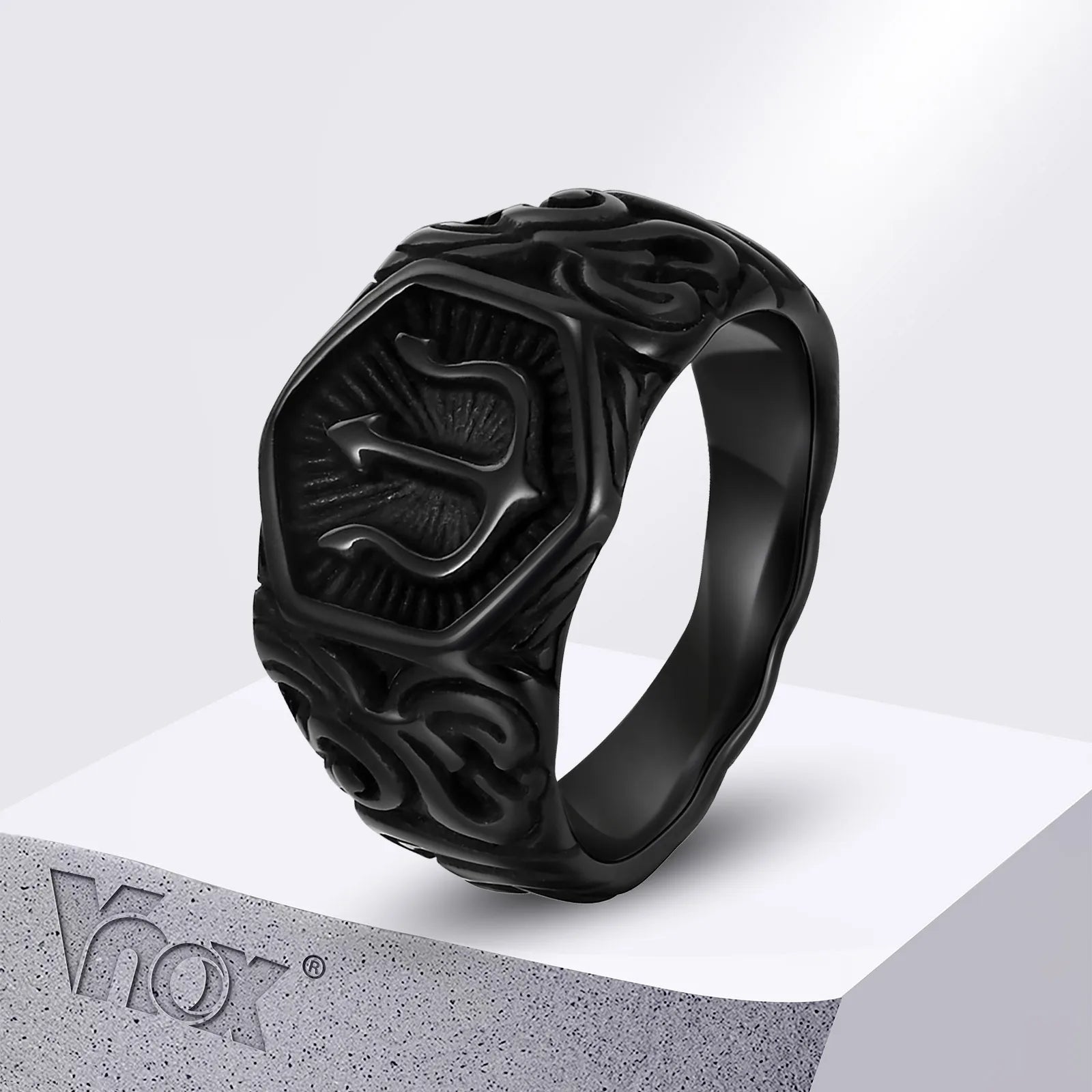 Vnox Black Tridant Signet Ring for Men, 13.3mm Chunky Wide Hexagon Geometric Top Finger Band, Strength Power Symbol Jewelry - Madeinsea©