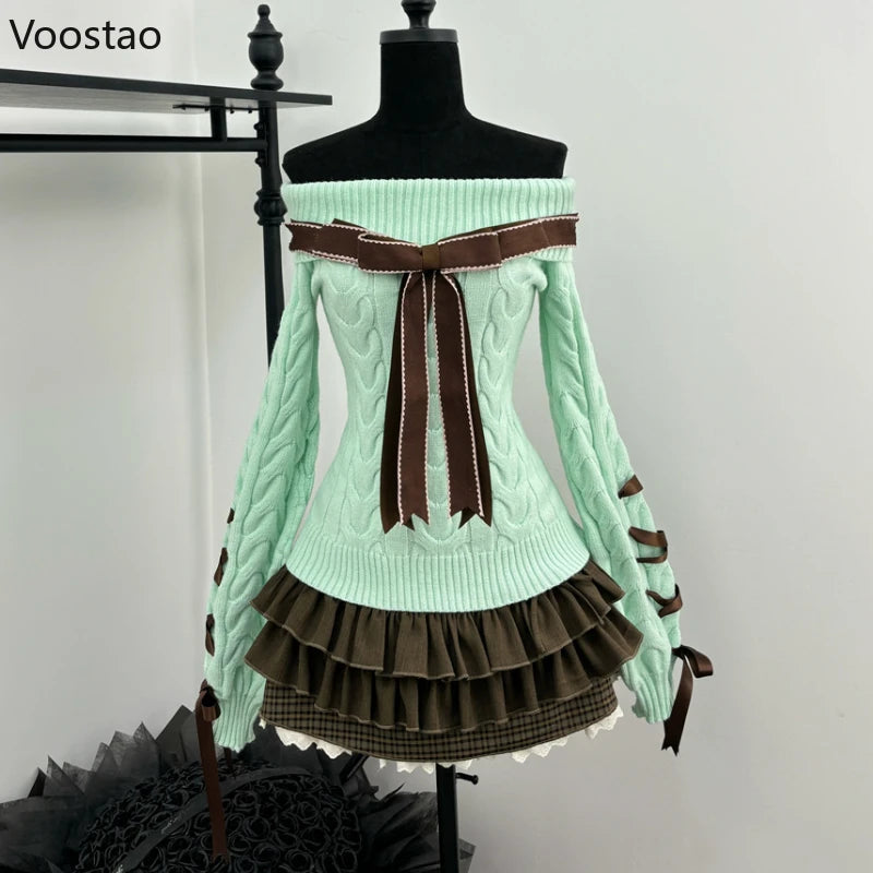 Autumn Winter Sweet Lolita Style 2 Piece Set Women Kawaii Slash Neck Bow Knitted Sweater Mini Cake Skirt Suit Femme Y2k Outfits