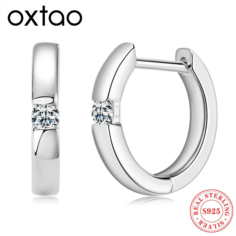 OXTAO 14K Gold Plated Moissanite Hoop Earrings Lab Diamond Simple Single Stone Stud Jewelry Gift 925 Sterling Silver for Women