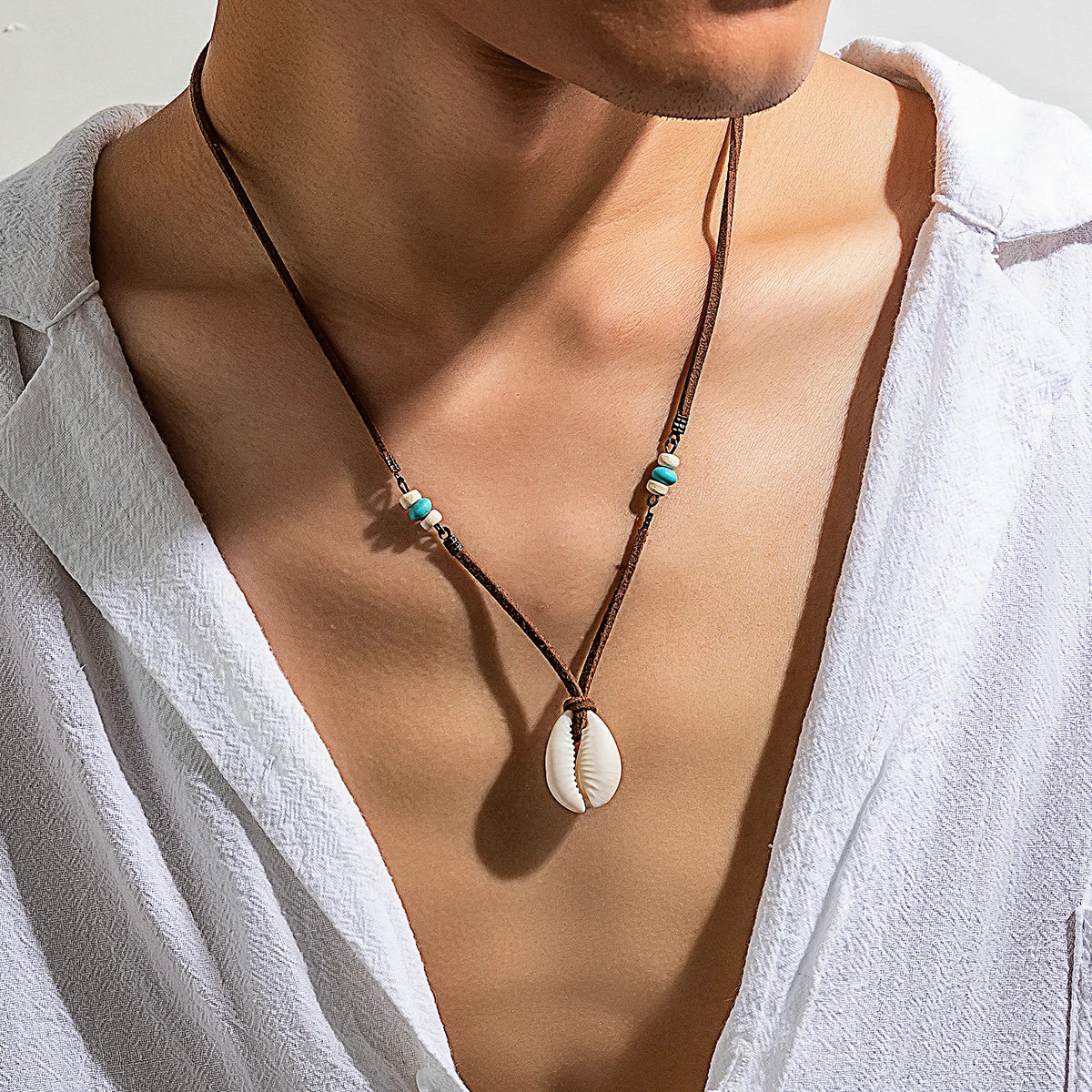 Salircon 2026 Bohemian Simulation Shell Pendant Choker Simple Brown Korean Velvet Clavicle Necklace Men's Casual Party Jewelry