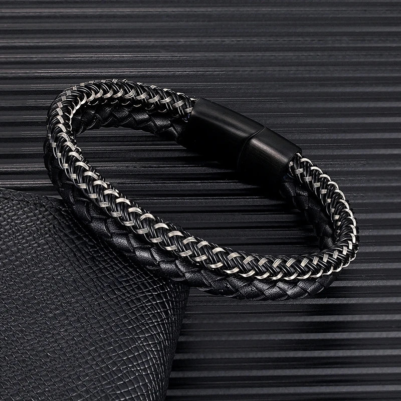 MKENDN Men's Classic Style Leather With Stainless Steel Stitching Combination Bracelet Black Buckle Wristband Accessories Gifts