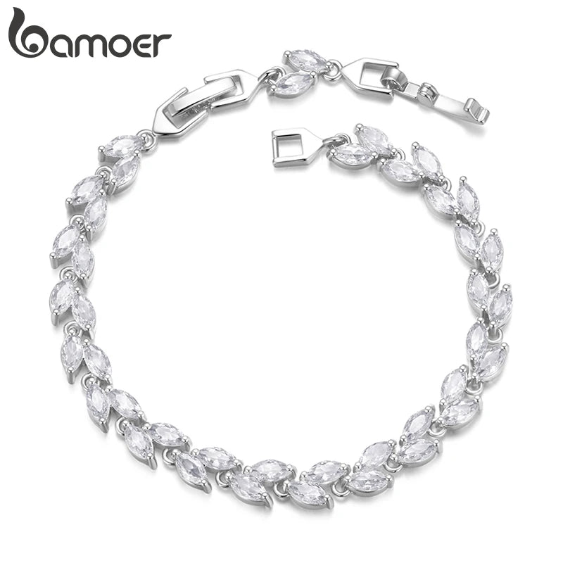 BAMOER White Gold Plated Sparkling Cubic Zirconia Classic Olive Leaf Bracelet, Gold Bracelets for Women Fashion Jewelry YIB069