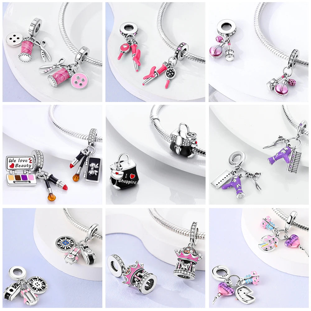 925 Silver Girl Lady Lipstick Makeup Charm Dangle Pendant Beads Fit Original Bangle Cosmetic Charms Bracelet DIY Making Jewelry