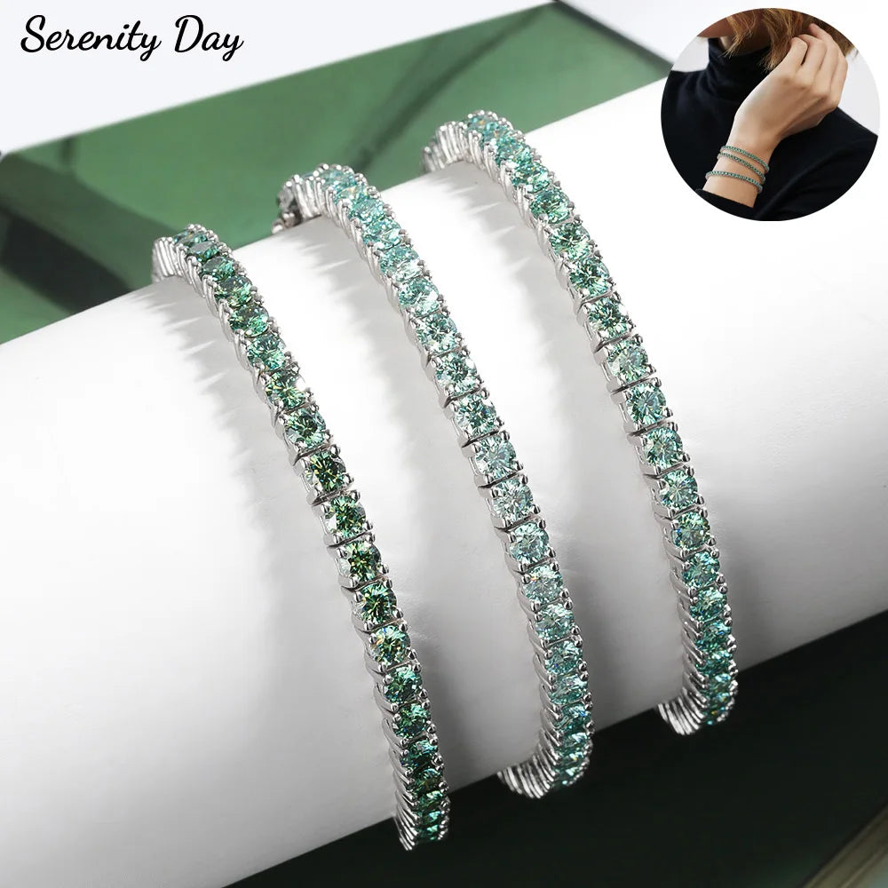 Serenity 3mm Green Moissanite Tennis Bracelet for Women Man Anniversary Gift S925 Sterling Silver Bracelet Plated 18k Hand Chain