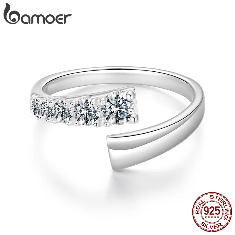 BAMOER 0.7CTTW Moissanite Open Ring 5 Stones Multi-size Round Cut Lab Diamond 925 Sterling Silver for Women Xmas Gift Adjustable