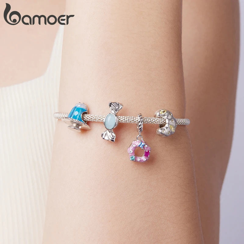 Bamoer Anhänger aus 925 Sterlingsilber in Form eines rosa Donuts, bunte Lebensmittel-Charms, Süßigkeitenperlen für Damen und Teenager, süße Armband-Schmuckaccessoires