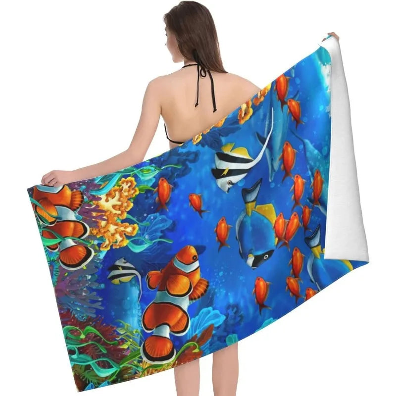 Ultra-Soft Polyester Beach Towel, 27.5x55 inch, Tropical Fish and Coral Print, Ideal for Sports, Spa, Yoga, Hotel Gym