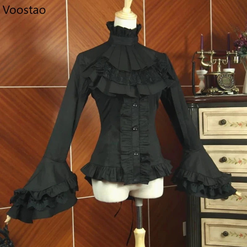 Japanese Gothic Lolita Flare Sleeve Shirts Women Y2k Aesthetic Lace Ruffle Patchwork Blouse Elegant Lady Loose Blusas Mujer Tops