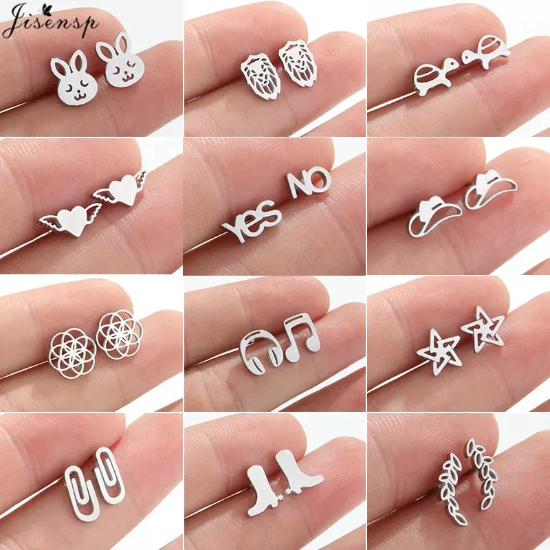Mini Stainless Steel Earings Fashion Jewelry Cute Heart Music Leaf Bunny Sun Stud Earrings for Women Lion Ear Studs Pendientes