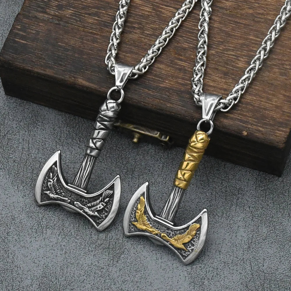 Odin Raven Double Axe Vintage Viking Pendant Stainless Steel Celt Knot Necklace Men's Scandinavian Jewelry Gift