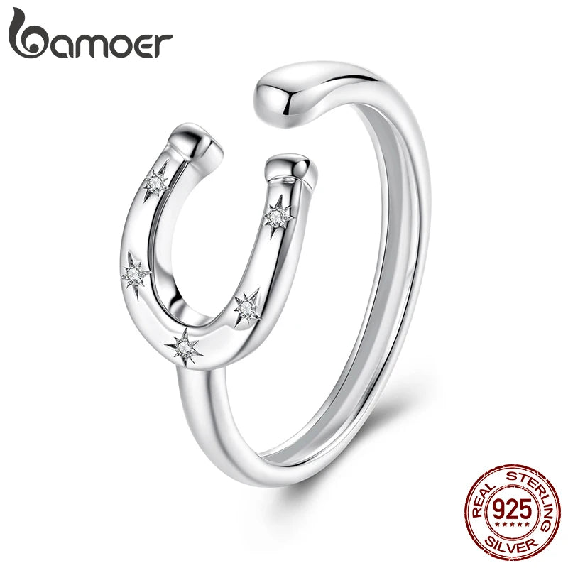BAMOER 925 Sterling Silber U-förmiger offener Glücksring in Hufeisenform mit Sternzirkons für die Liebste, Vintage-Geschenkidee für Verliebte und Paare