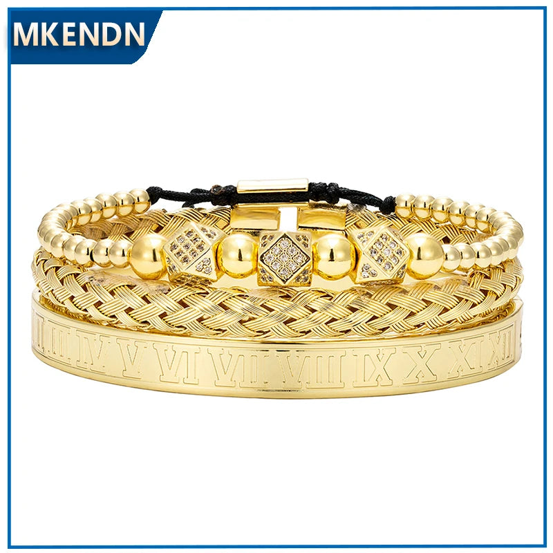 MKENDN Classical Handmade Braiding Bracelet Gold Color Hip Hop Men Pave CZ Zircon Geometry Roman Numeral Luxury Jewelry