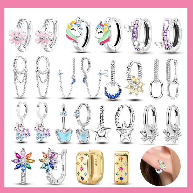 Ear Ring Series 925 Sterling Silver Star Moon Unicorn Tulip Flower Butterfly Bee Geometry Earrings Ladies Pairing with Jewelry