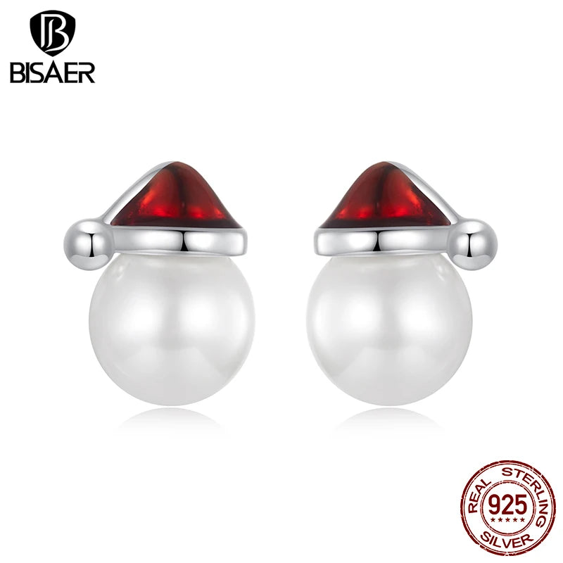 Boucles d'oreilles à tige en argent sterling 925 BISAER avec joli chapeau de Noël et perles en émail rouge pour femme, bijoux fins, cadeau de vacances, EFE1094
