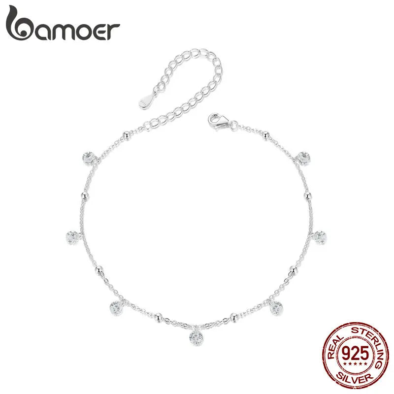 BAMOER Schillerndes Zirkonia-Fußkettchen 925 Sterling Silber Chian Armband für das Bein Weiblicher Fußschmuck für Frauen Beinkette Edler Schmuck