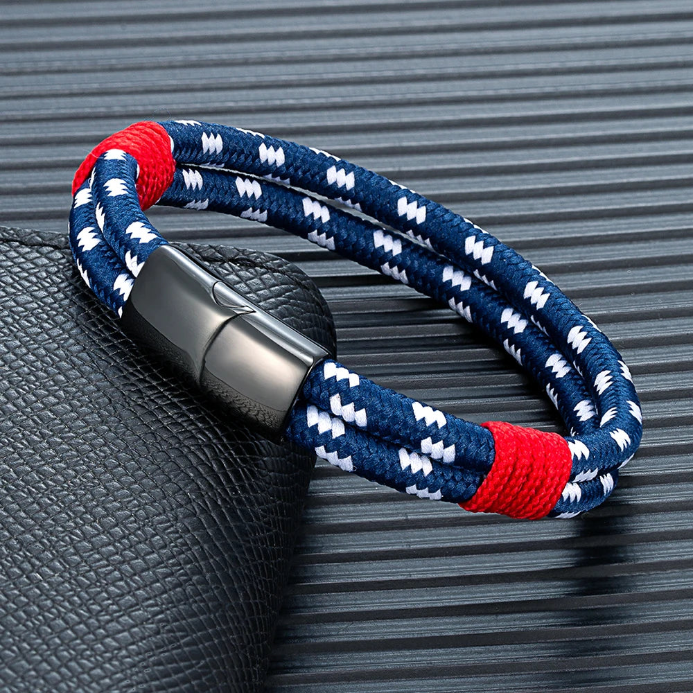 MKENDN Modisches schwarzes Edelstahl-Armband im maritimen Seil-Design für Damen und Herren, handgefertigt, doppellagig, Schmuckgeschenk für Paare