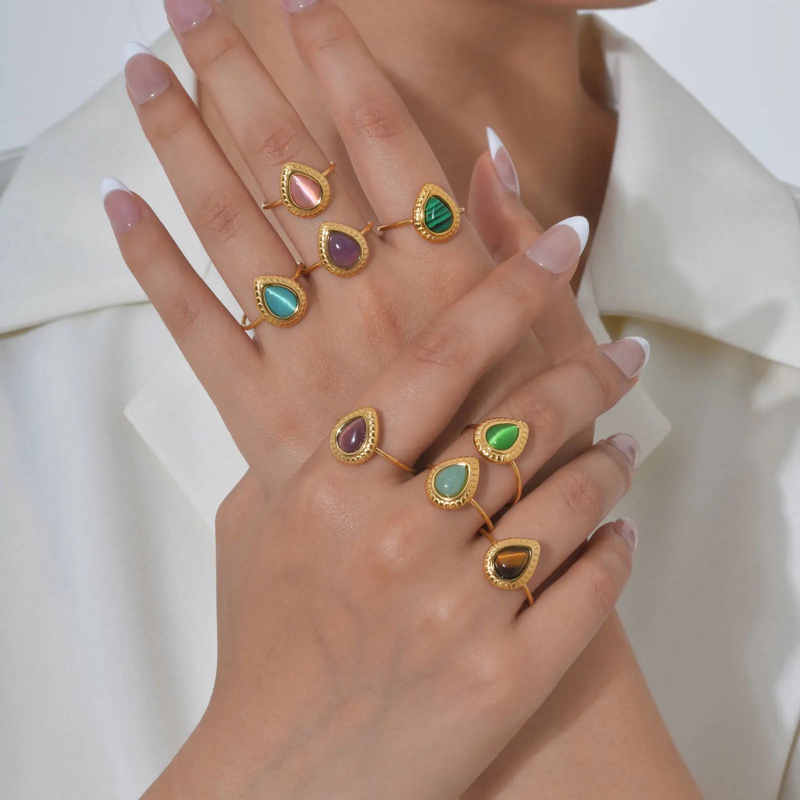 Vnox Dainty Water Droplets Opal Rings For Women Stainless Steel Colored Stone Aesthetic Open Rings Waterproof Finger Jewelry