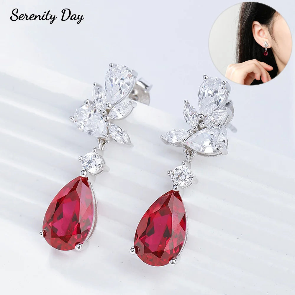 Serenity 5.6ct D Color Moissanite Drop Earrings for Women 100% S925 Sterling Silver Plated 18K 6ct Real Cultivated Ruby Earrings - Madeinsea©