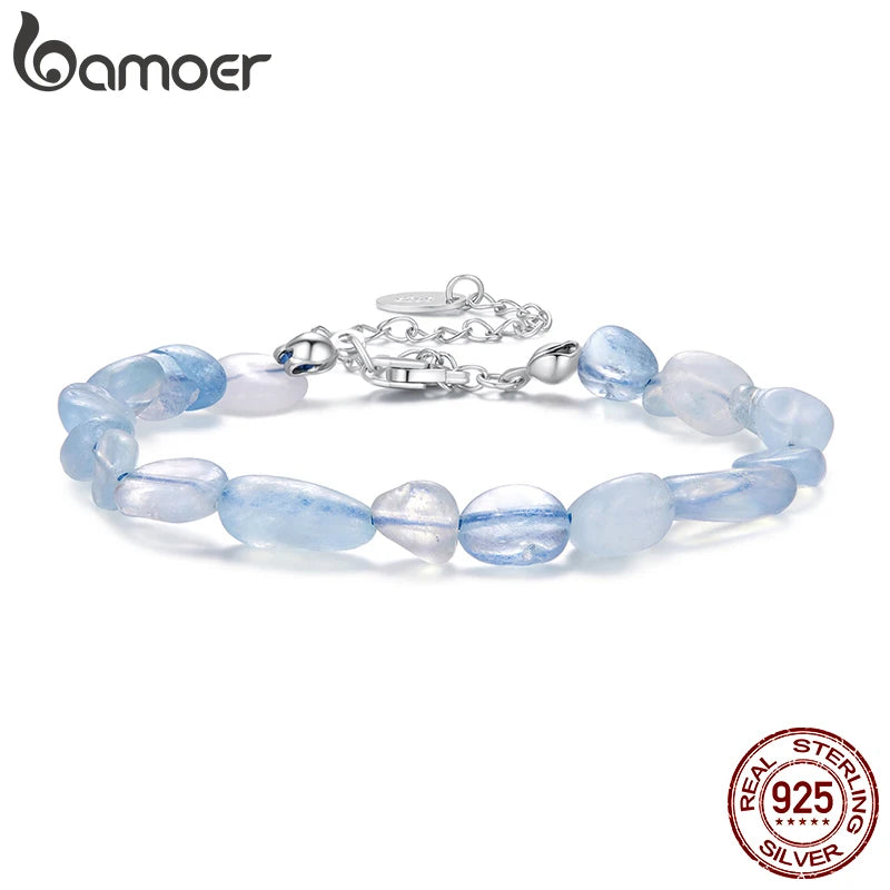BAMOER 925 Sterling Silver Blue Crystal Bracelet Handmade Gem Beads Adjustable Dainty Wrist Chain Girls Sweet Gift Fine Jewelry