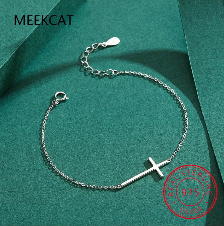 100% 925 Sterling Silver Classic Simple Cross Elegant Adjustable Bracelets Chain For Women Grils Fine Jewelry Accessories S0565
