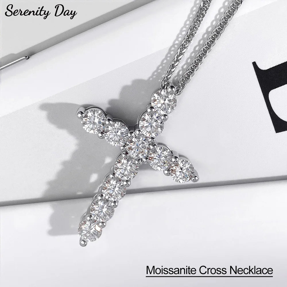 Serenity 5mm D Color Moissanite Cross Necklace for Women Men Gift 100% 925 Sterling Silver Chopin Chain Pendant Necklace Jewelry