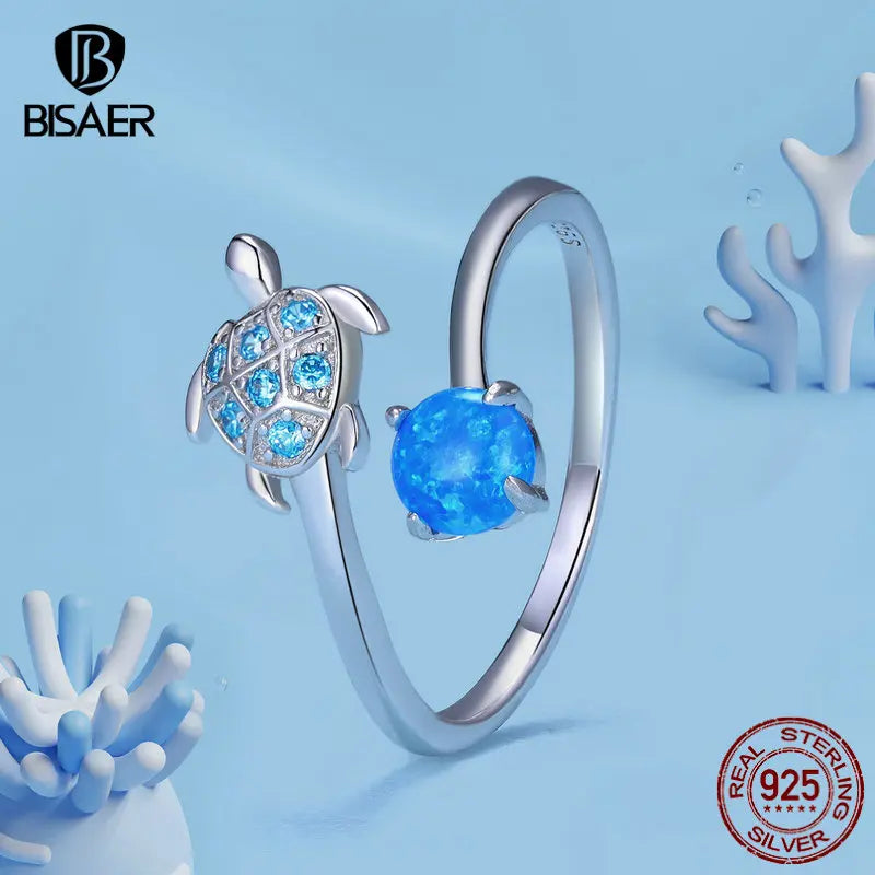 BISAER 925 Sterling Silver Turtle Open Rings Blue Opal Marine Animal Band Adjustable for Women Party Fine Jewelry Holiday Gifts