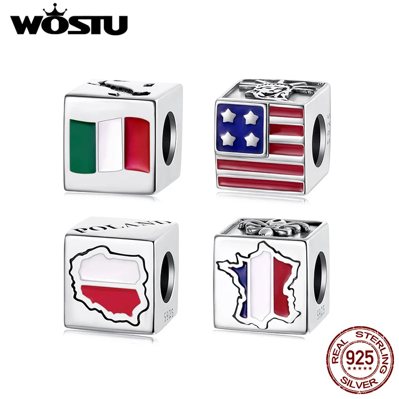 WOSTU 925 Sterling Silver Cube Flags Travel Country Charms For Women, S925 Original Bead DIY Jewelry For Women, Mom, Daughter