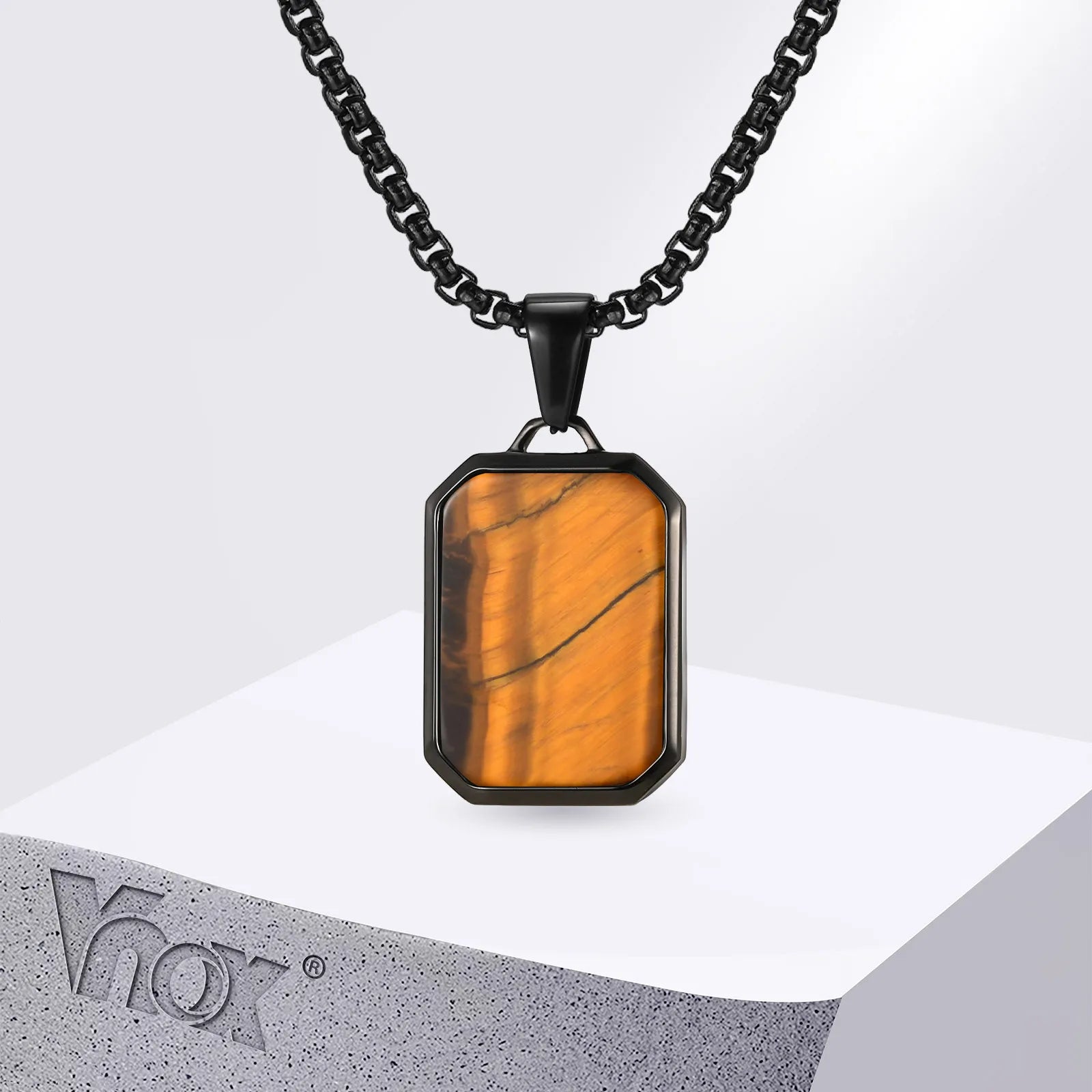 Vnox Mens Geometric Pendant with Natural Stone Necklaces, Vintage Square Tiger Eye Collar, Casual Simple Fashion Male Accessory